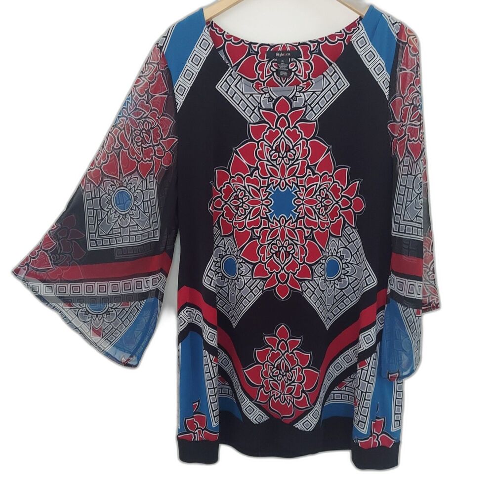 Style & Co Tunic Top XL Kimono Sleeves Black Blue Magenta Mandela